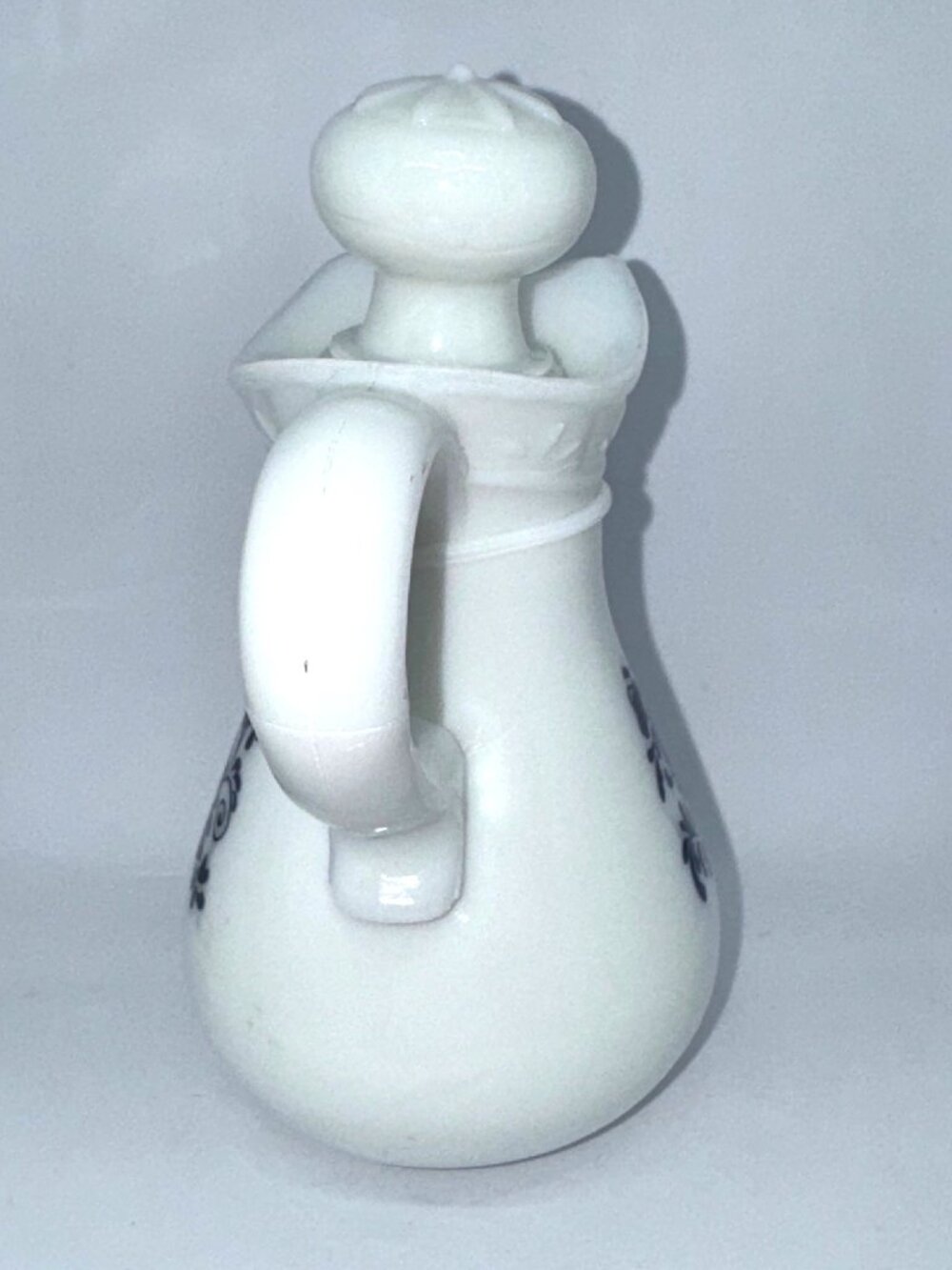 Vintage 1970s Avon Milk Glass Pitcher with Stopper with Deft Blue Floral Pattern - Picture 5 of 8